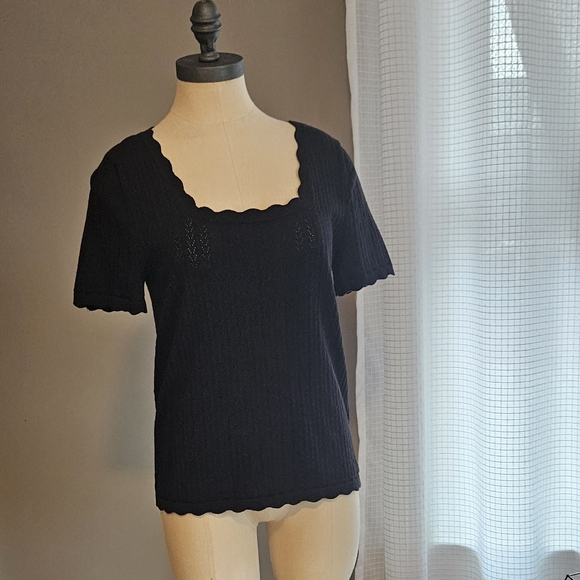 NWT Halogen Short Sleeve Pointelle Stitch Sweater - Black Cotton Knit Sz M - Picture 2 of 10